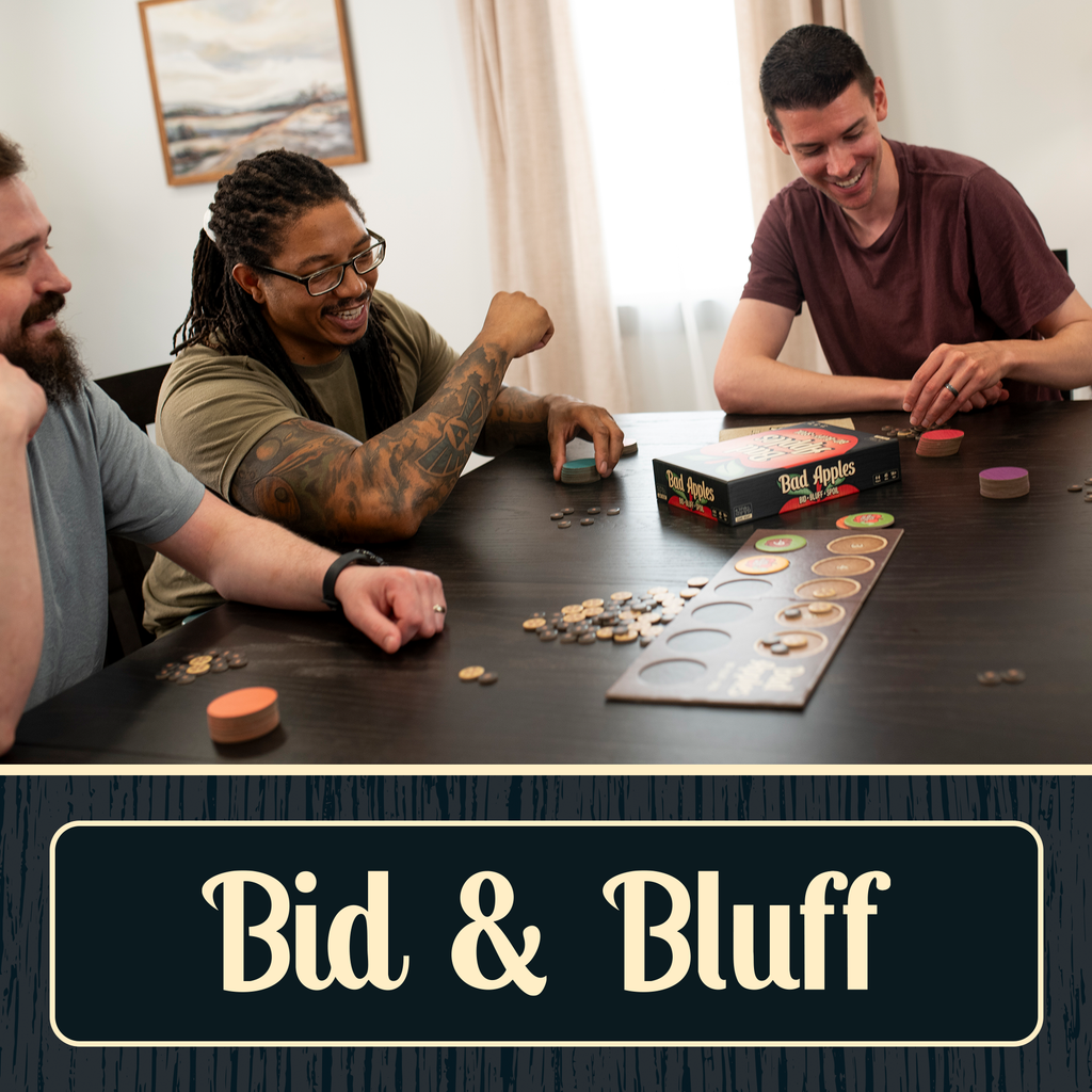 Three men playing a board game together with 'Bid & Bluff' text at the bottom.