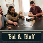 Three men playing a board game together with 'Bid & Bluff' text at the bottom.