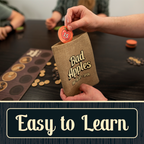 Game of 'Bad Apples' with a hand holding a bag labeled 'Bad Apples' and a card with the text 'Easy to Learn'. bid and bluffing game, game night