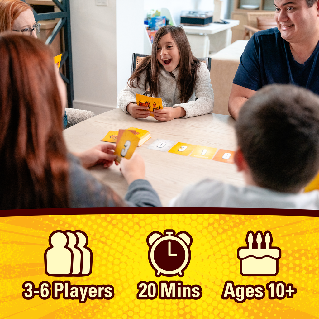 Family playing a card game together with game cards on a table, featuring age and time guidelines. card game, educational game, family fun, game night, travel games