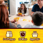 Family playing a card game together with game cards on a table, featuring age and time guidelines. card game, educational game, family fun, game night, travel games