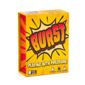 The product packaging for the card game 'BURST: Playing with Pressure', featuring a bright yellow and orange comic-style box with bold red and yellow lettering. card game, educational game