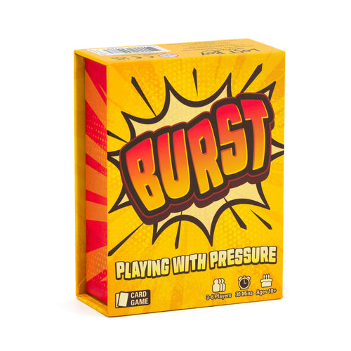 The product packaging for the card game 'BURST: Playing with Pressure', featuring a bright yellow and orange comic-style box with bold red and yellow lettering. card game, educational game