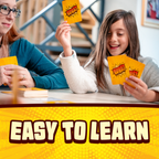 Two people playing a card game with 'WOW' cards, sitting at a table indoors. card game, educational game, family fun, game night, travel games