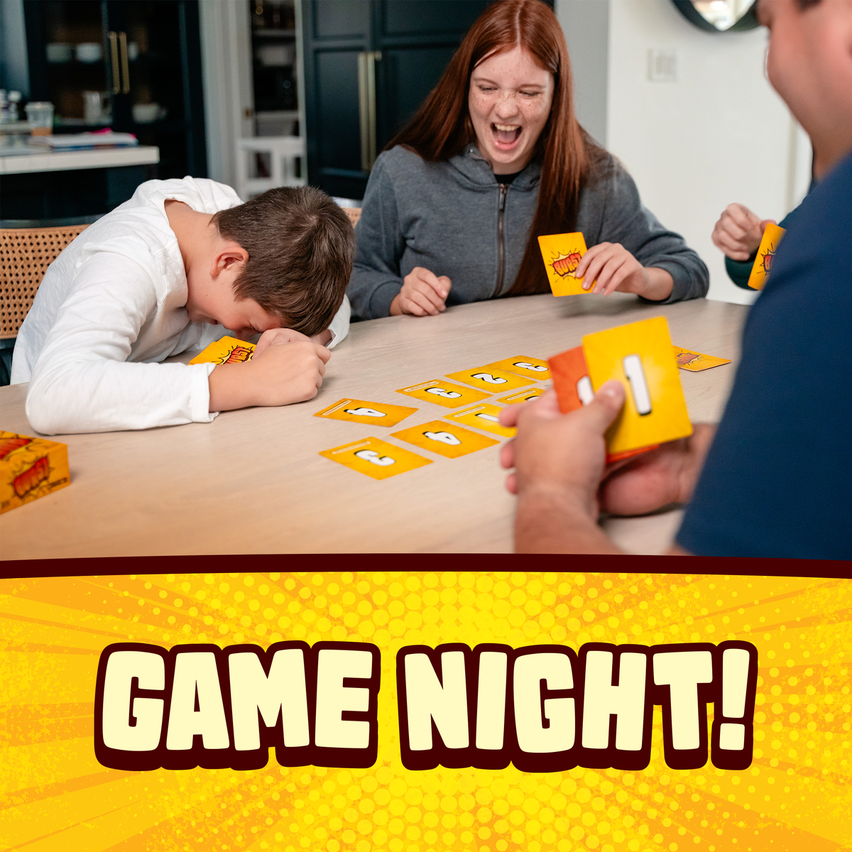 People playing a card game with 'Game Night!' text overlay card game, educational game, family fun, game night, travel games