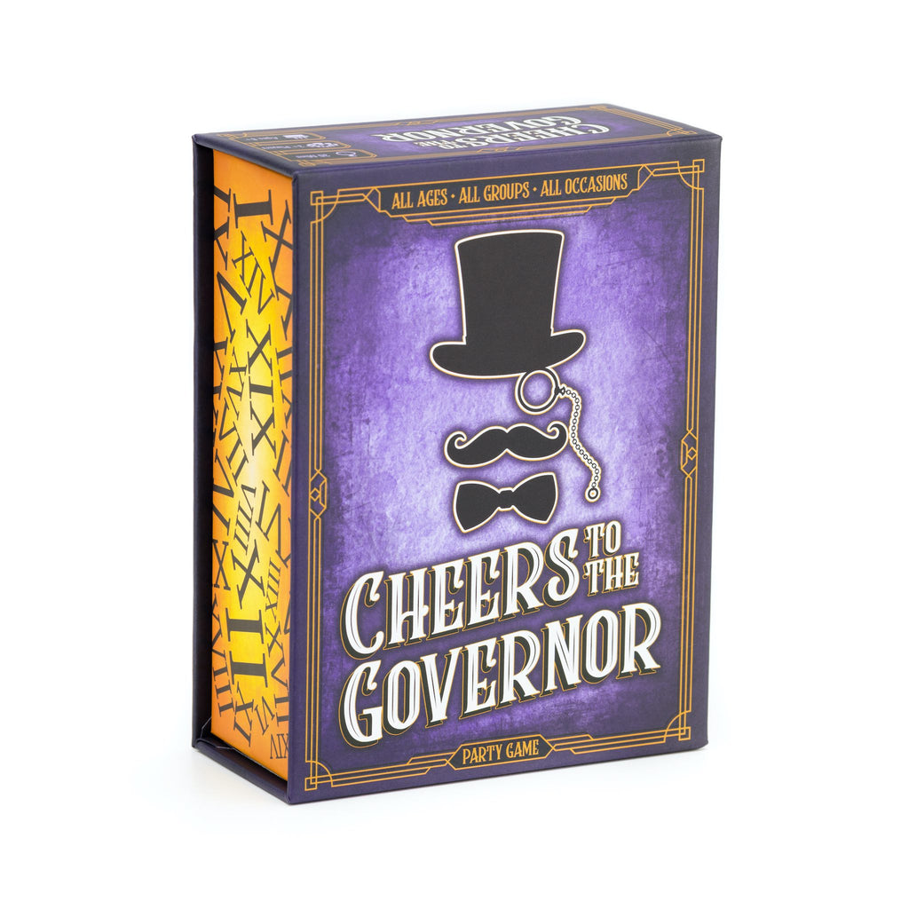 The product image shows the packaging of 'Cheers To The Governor' party game. The box is predominantly purple with an illustration of a mustache and a top hat on the front, suggesting a playful and themed party game. for large groups. laugh all night.