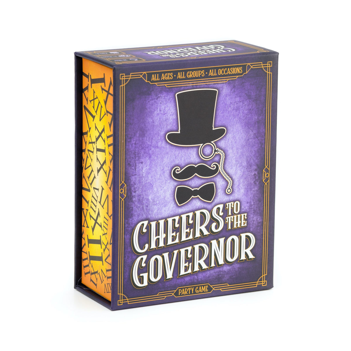 The product image shows the packaging of 'Cheers To The Governor' party game. The box is predominantly purple with an illustration of a mustache and a top hat on the front, suggesting a playful and themed party game. for large groups. laugh all night.