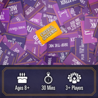 Purple game cards with a yellow card labeled 'Cheers to the Governor' on a dark background, with game details at the bottom. party game. easy to learn. for large groups
