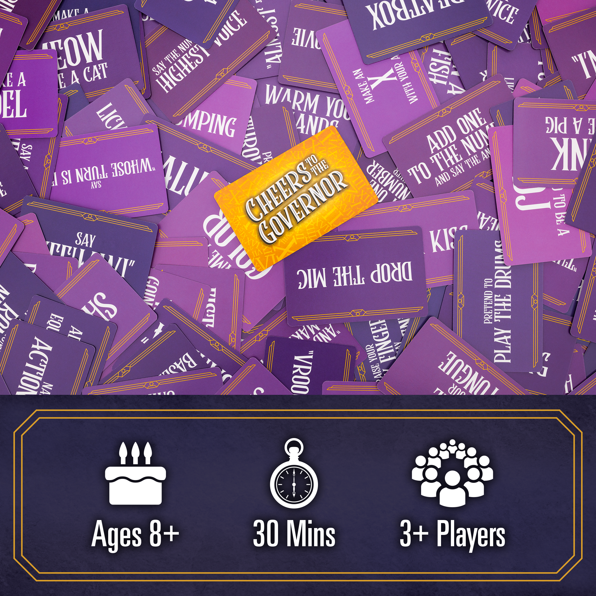 Purple game cards with a yellow card labeled 'Cheers to the Governor' on a dark background, with game details at the bottom. party game. easy to learn. for large groups