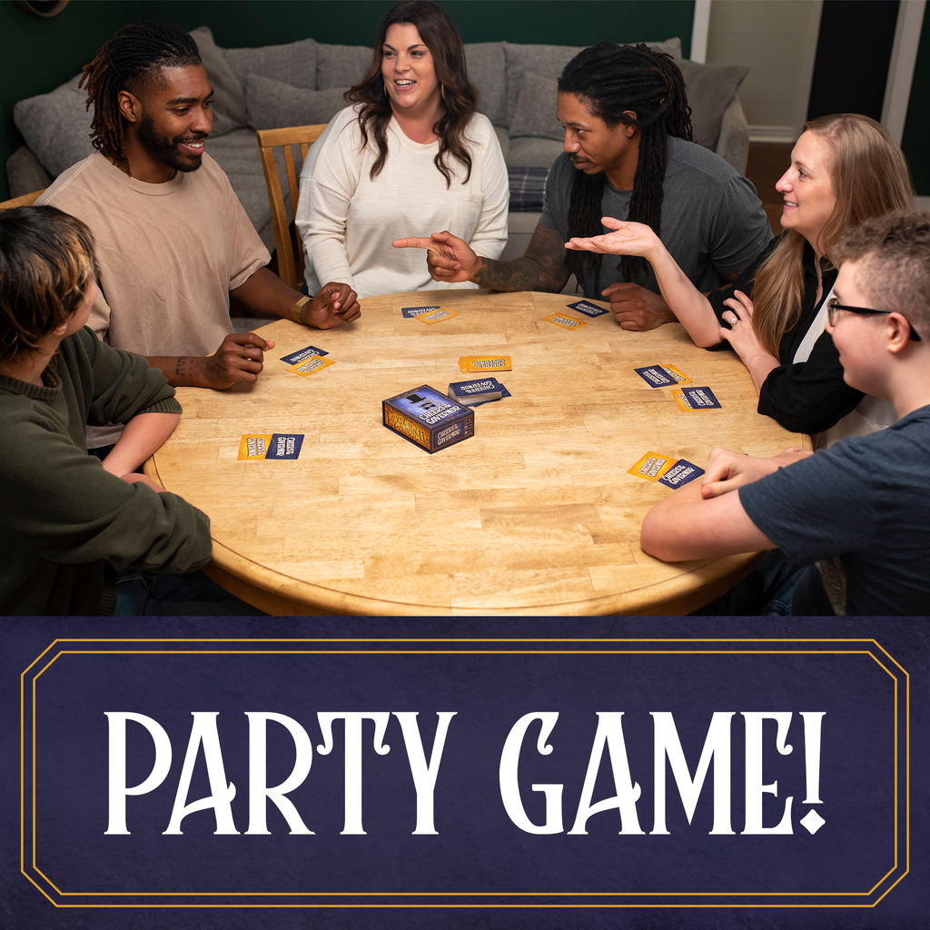 Group of people playing a card game around a wooden table with 'PARTY GAME!' text at the bottom. cheers to the governor. 