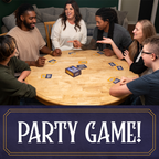 Group of people playing a card game around a wooden table with 'PARTY GAME!' text at the bottom. cheers to the governor. 