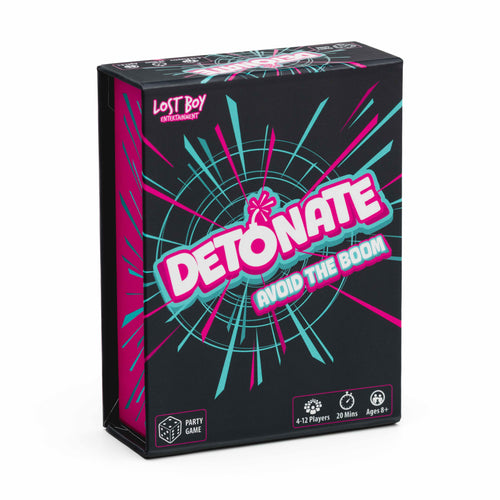 Board game box for 'Detonate: Avoid the Boom' with vibrant text and graphics on a black background. Dice game, party game, family fun, game night, push your luck