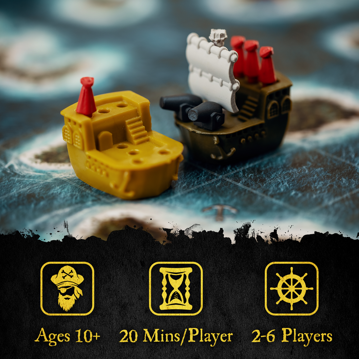 Two toy pirate ships on a map with game difficulty and player information displayed. Fun for all ages. up to 6 players.