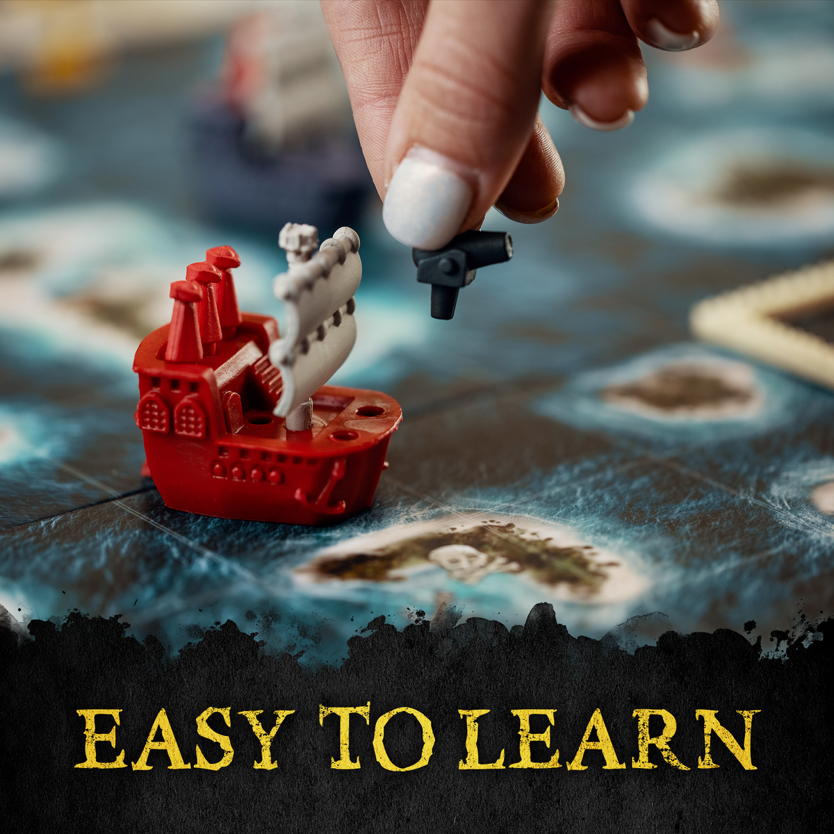 Toy boat with a figure on a map, hand placing a small object, text 'EASY TO LEARN' at the bottom.
