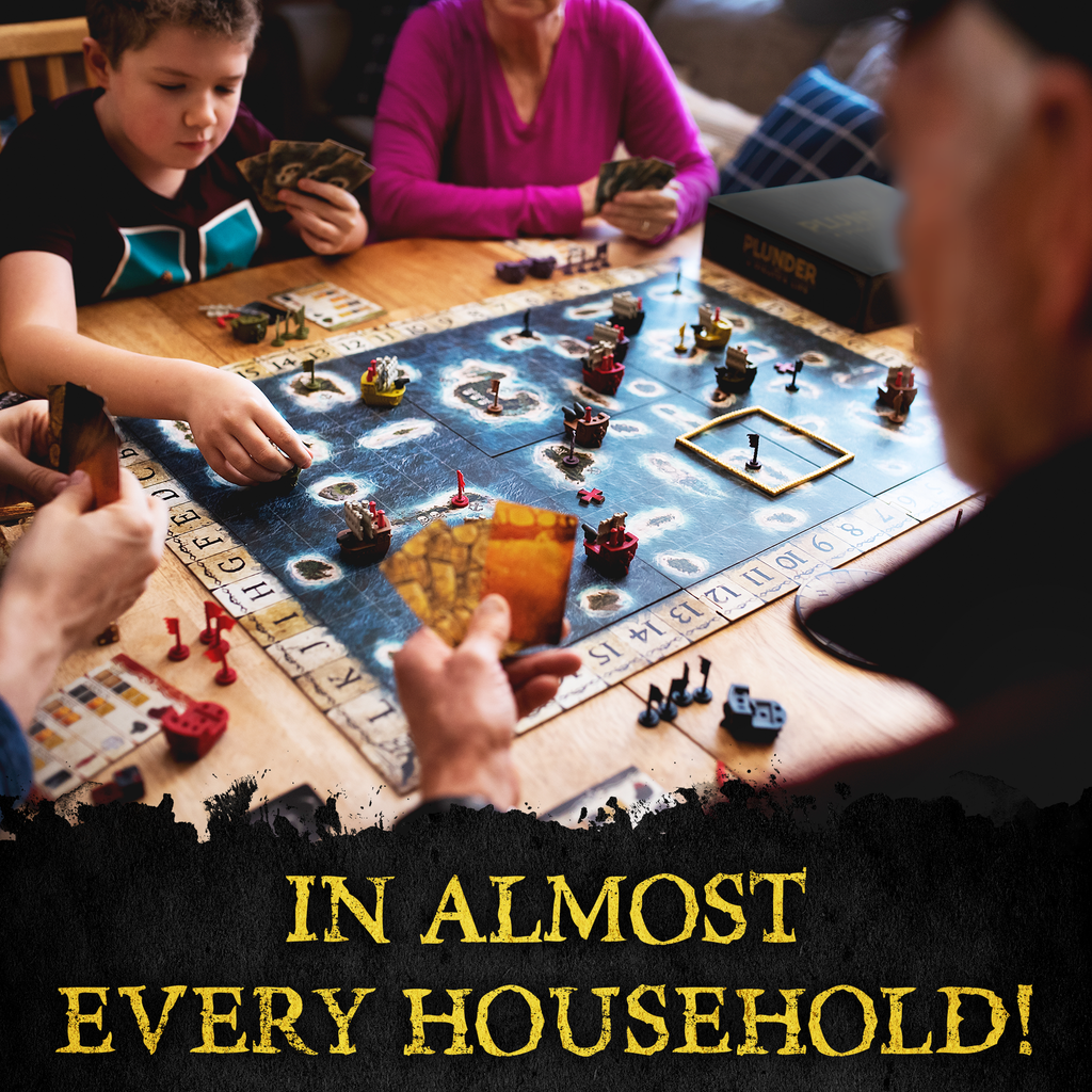 Children playing a board game with text 'IN ALMOST EVERY HOUSEHOLD!' family game. game night.