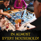Children playing a board game with text 'IN ALMOST EVERY HOUSEHOLD!' family game. game night.