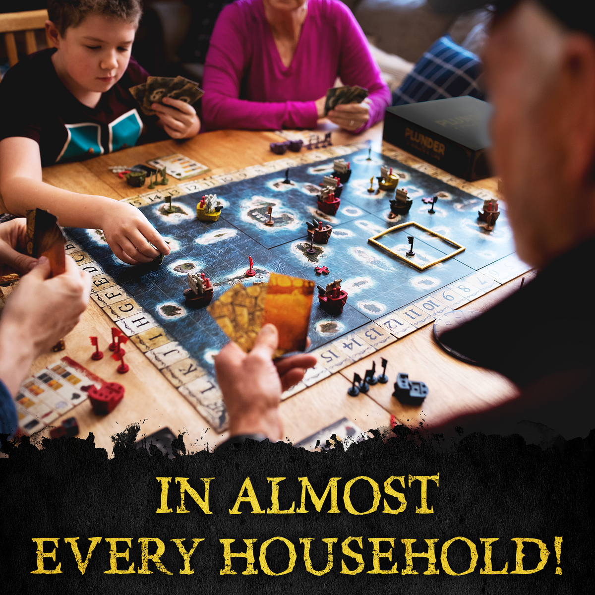 Children playing a board game with text 'IN ALMOST EVERY HOUSEHOLD!' family game. game night.