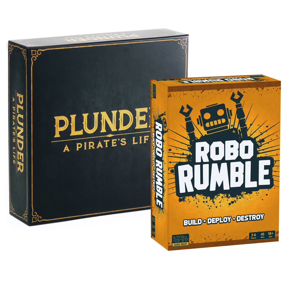Two board game boxes for Plunder: A Pirate's Life shown on a plain white background. The main box is dark navy/black with gold lettering, and the secondary box is bright orange with black and white graphics and the title Robo Rumble.