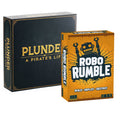 Two board game boxes for Plunder: A Pirate's Life shown on a plain white background. The main box is dark navy/black with gold lettering, and the secondary box is bright orange with black and white graphics and the title Robo Rumble.