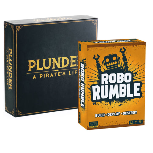 Two board game boxes for Plunder: A Pirate's Life shown on a plain white background. The main box is dark navy/black with gold lettering, and the secondary box is bright orange with black and white graphics and the title Robo Rumble.