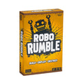 The product packaging box for the board game 'Robo Rumble' by Aspire Games. The box features a bright yellow-orange background with a black robot graphic holding wrenches and bold white text reading 'ROBO RUMBLE'. game night family fun