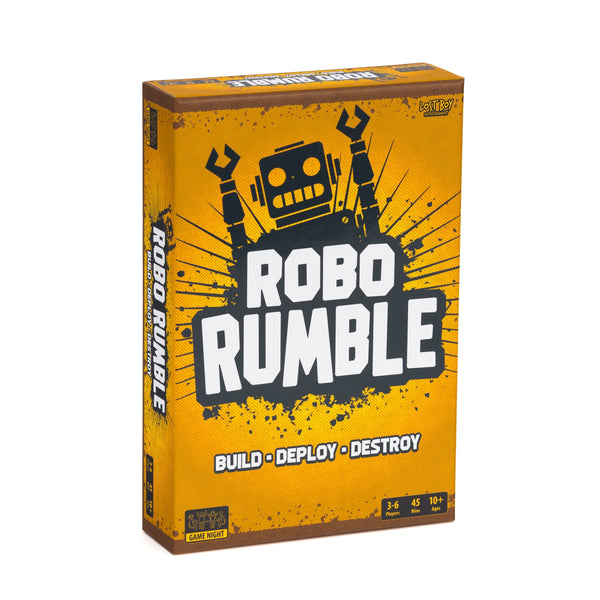 The product packaging box for the board game 'Robo Rumble' by Aspire Games. The box features a bright yellow-orange background with a black robot graphic holding wrenches and bold white text reading 'ROBO RUMBLE'. game night family fun
