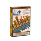 The back of the Robo Rumble board game box, showing the rules, player count, and illustrated game board on a clean white background. game night family fun