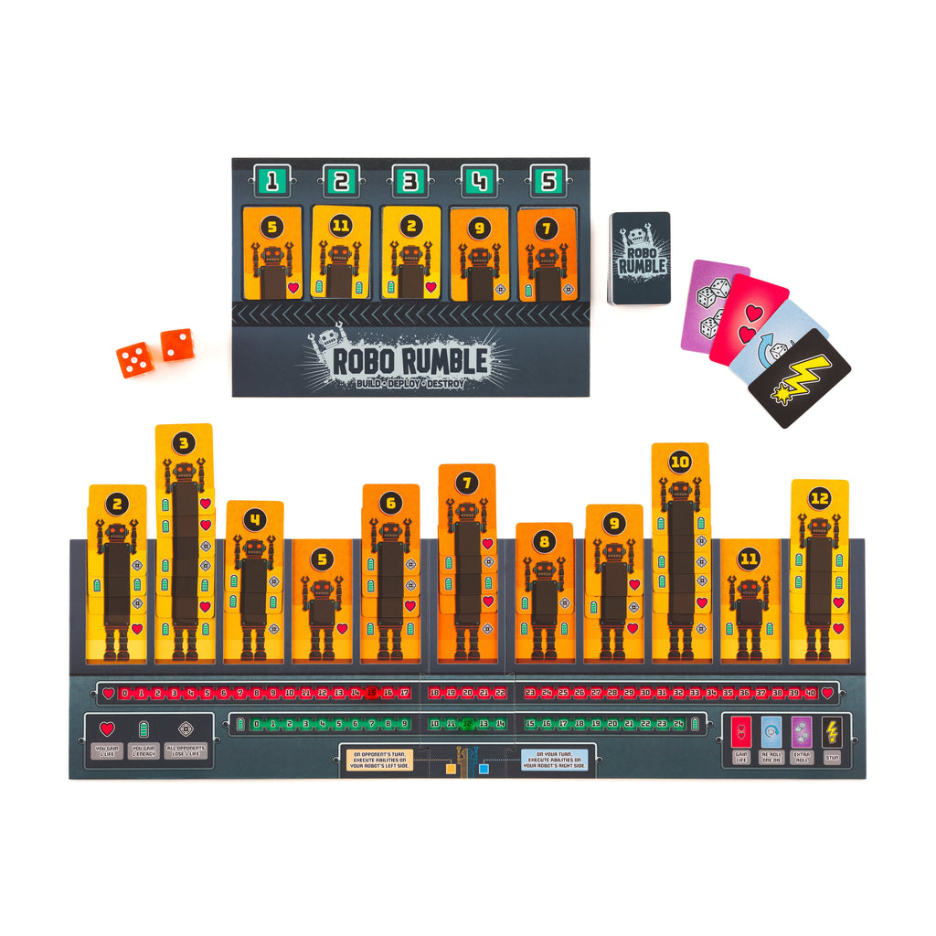 Robo Rumble robotics game board set with a dark gray competition board, orange and yellow robot cards, red dice, a small black card, and several colored skill cards on a white background. game night family fun