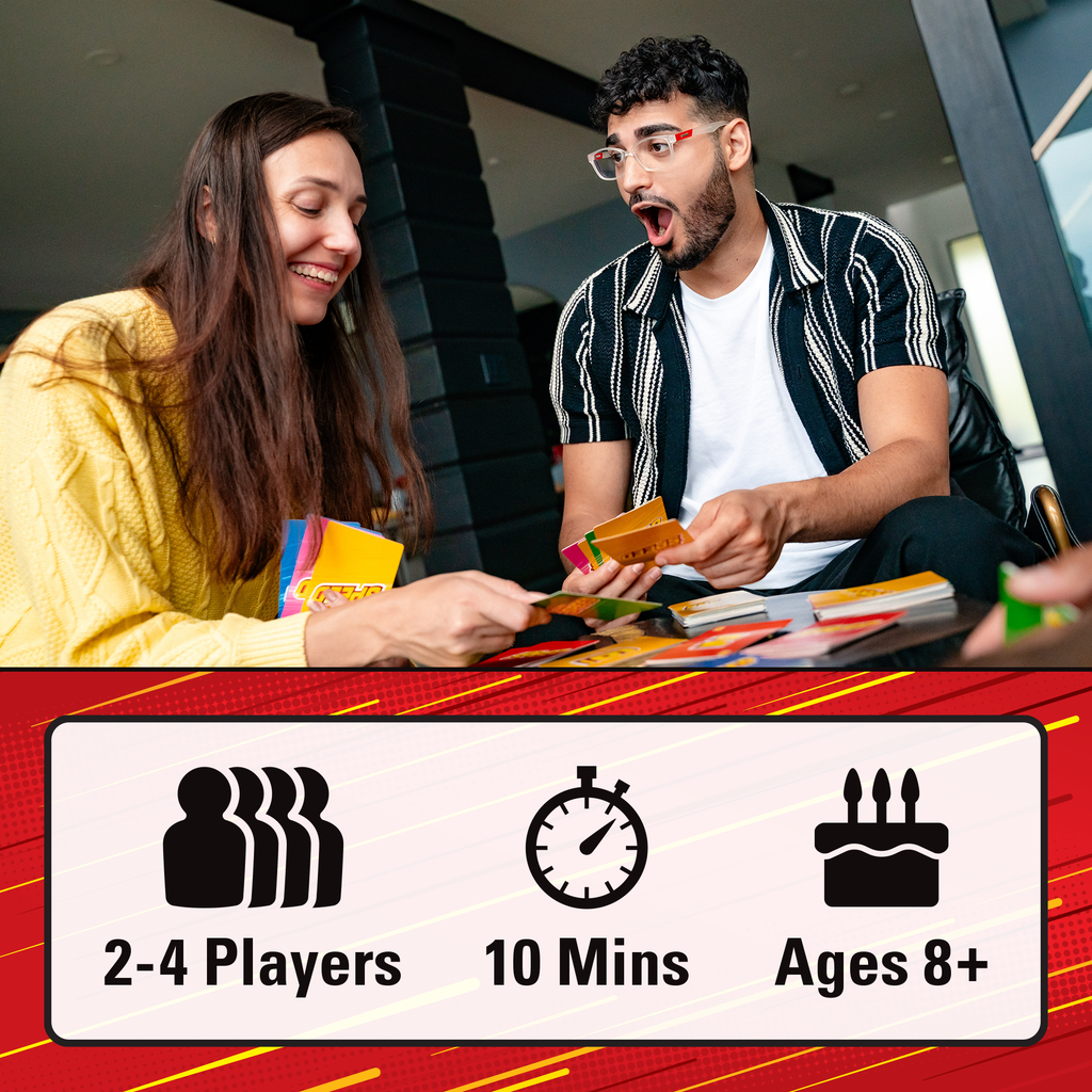 Two people playing a colorful card game together in a modern indoor setting, with a red and white informational banner at the bottom showing game stats: 2-4 players, 10 minutes, and ages 8+. speed family fun card game