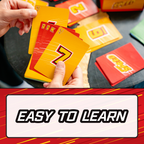 A close-up of hands holding a fan of colorful educational cards, with more cards scattered on a dark tabletop. A large text banner at the bottom reads 'EASY TO LEARN'. speed family fun card game
