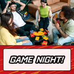 Four people gathered in a living room playing a card game around a small table with colorful card boxes and cards. A large red and white graphic banner at the bottom reads “GAME NIGHT!”. speed family fun card game