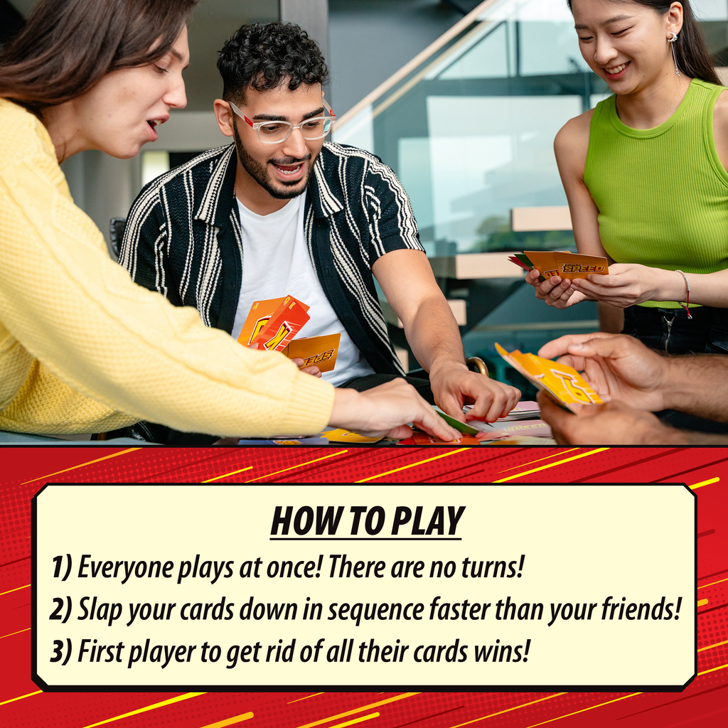 Three people gathered around a table playing a card game, with one person holding orange cards and another reaching toward cards on the table. A large text box at the bottom reads 'HOW TO PLAY' with three rules about playing cards in sequence and winning when everyone gets rid of their cards. speed family fun card game
