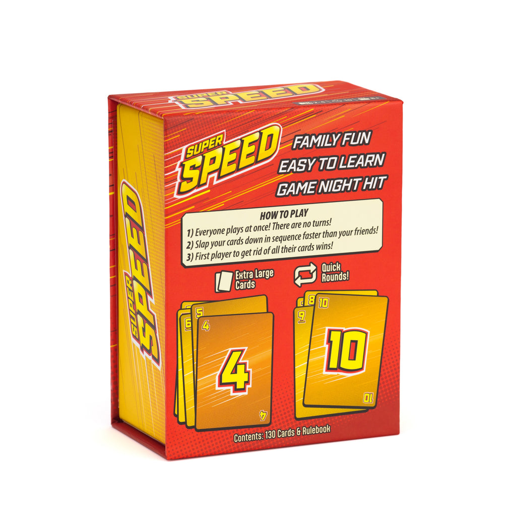 Super Speed Family Fun Game Night Hit card game box, featuring a red and yellow design with sample cards showing numbers 4 and 10 on a white background. speed family fun card game