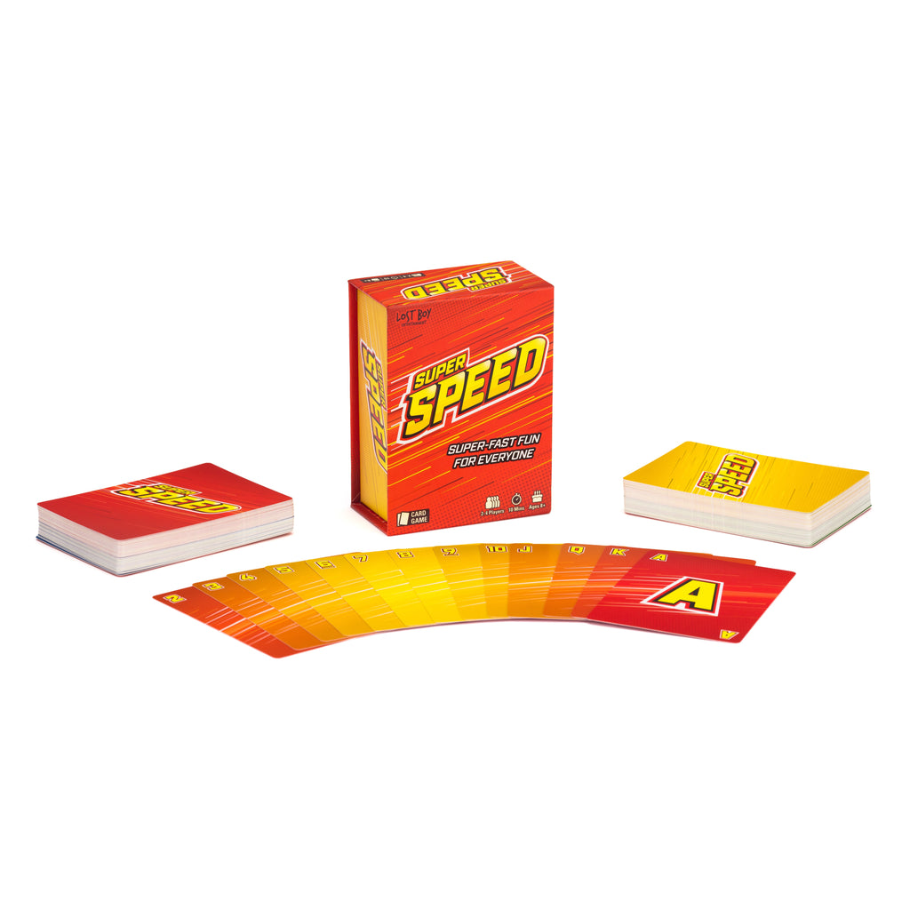 Super Speed card game set with its red and orange box standing upright, a stack of red cards on the left, a stack of yellow cards on the right, and a fan of red-to-yellow gradient cards spread across the front, on a white background. speed family fun card game