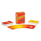 Super Speed card game set with its red and orange box standing upright, a stack of red cards on the left, a stack of yellow cards on the right, and a fan of red-to-yellow gradient cards spread across the front, on a white background. speed family fun card game