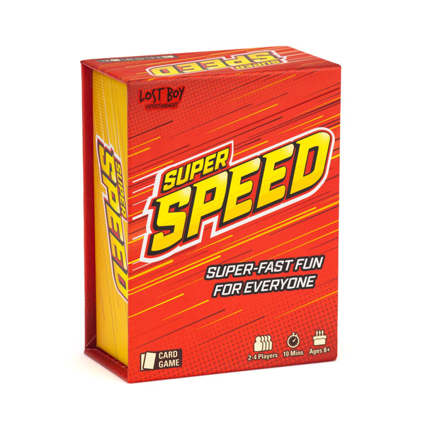 Super Speed card game box by Lost Boy Entertainment, featuring a red and yellow comic-style design with bold 'SUPER SPEED' text on a white background. family fun