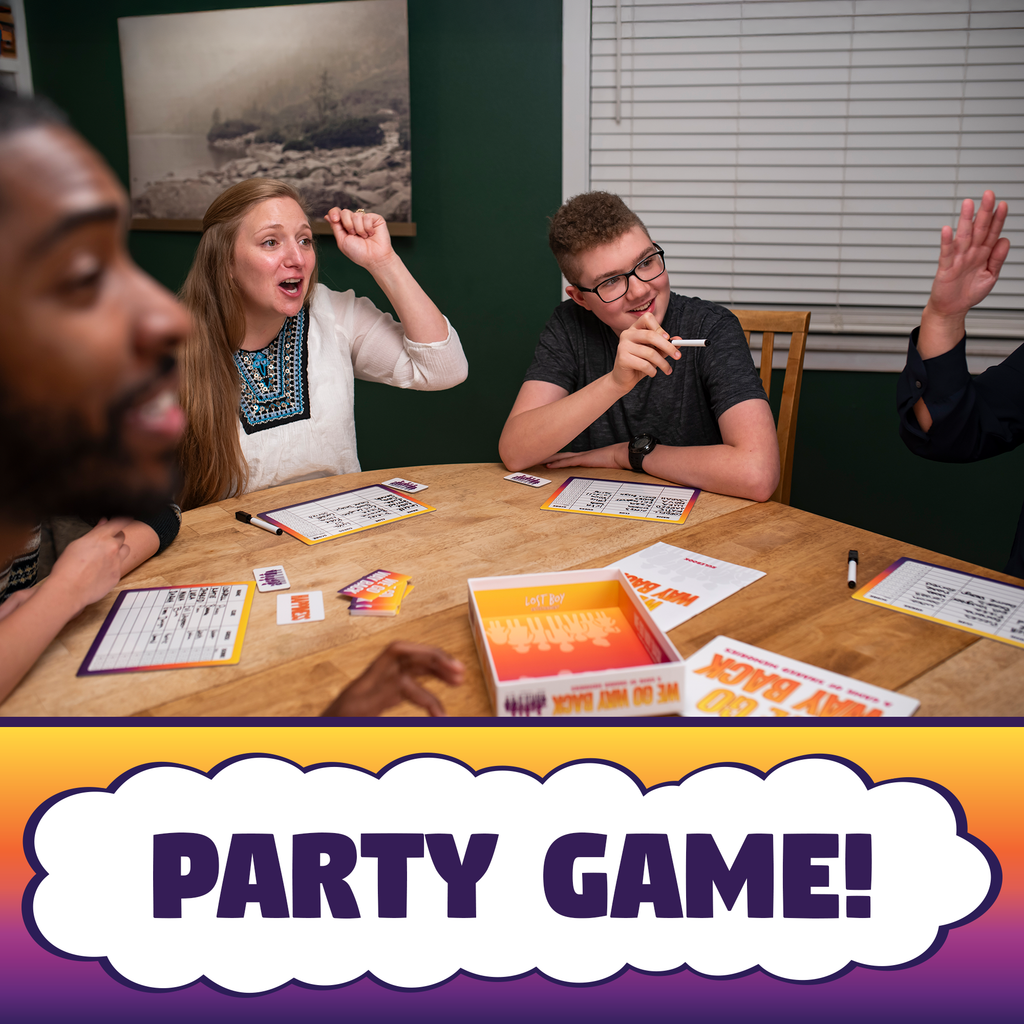 Group of people playing a board game with colorful game pieces on a table, featuring the text 'PARTY GAME!' at the bottom. party game for friends and family