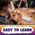Children playing a game with cards at a table, text 'Easy to Learn' at the bottom. party game for friends and family