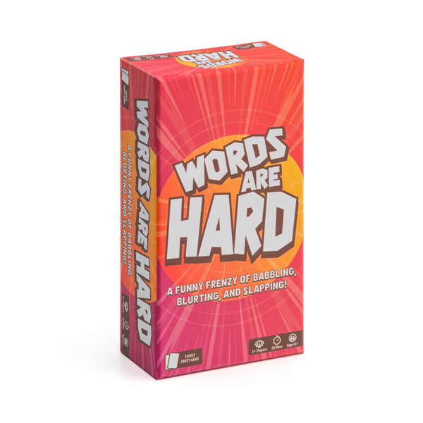 The product image shows the packaging of 'Words Are Hard', a board game designed for 2-4 players aged 14 and up. The box is predominantly red with images of the players engaged in playful activities like babbling, blurring, and slapping.