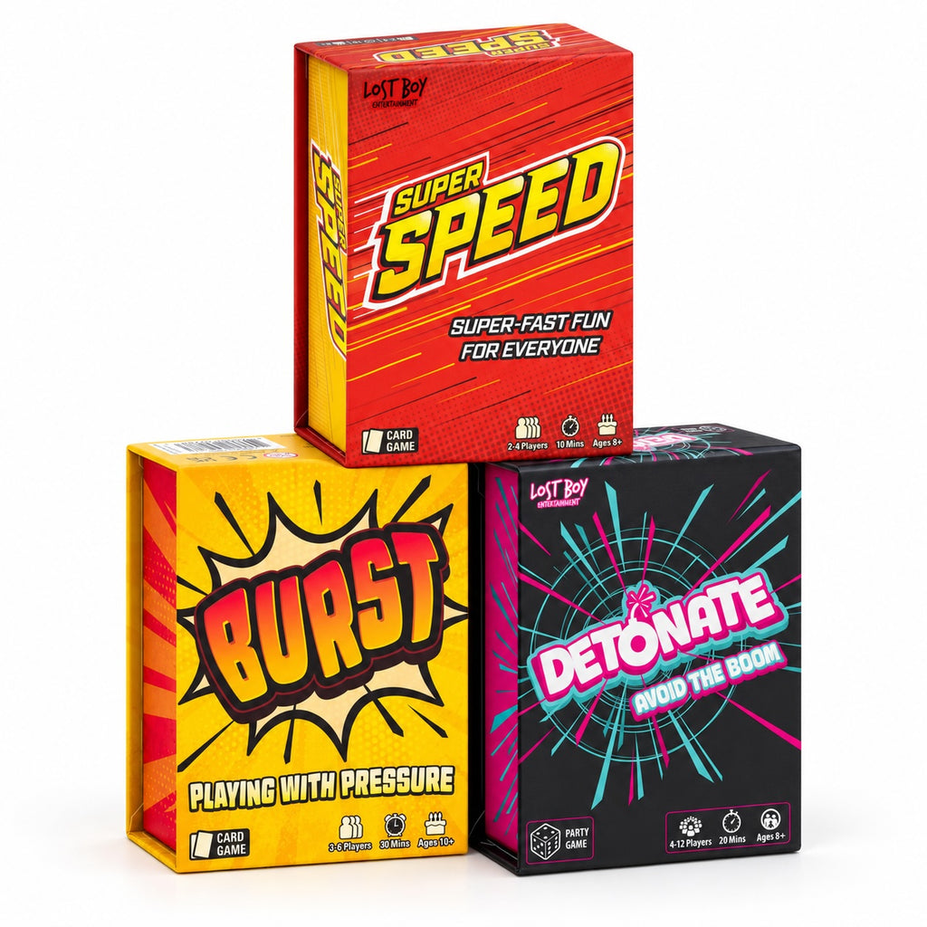 Three boxed card games from Lost Boy Games arranged together on a white background: a red and yellow 'Super Speed' box on top, a yellow 'Burst' box on the lower left, and a black, pink, and blue 'Detonate' box on the lower right.