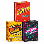 Three boxed card games from Lost Boy Games arranged together on a white background: a red and yellow 'Super Speed' box on top, a yellow 'Burst' box on the lower left, and a black, pink, and blue 'Detonate' box on the lower right.