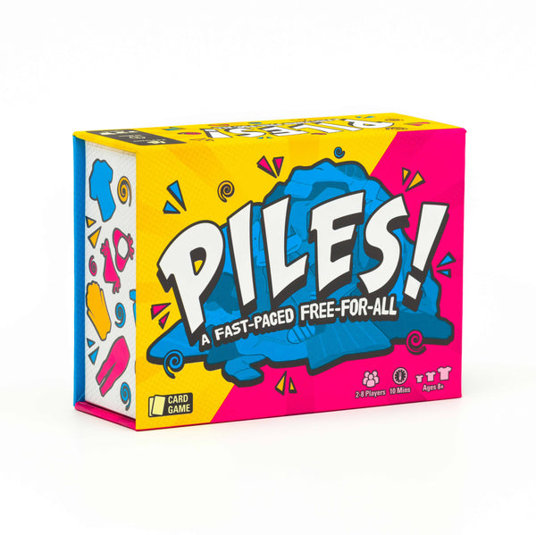 The colorful packaging box of the card game 'Piles!' on a clean white background. Family game. party game. for all ages. game night. couples game.