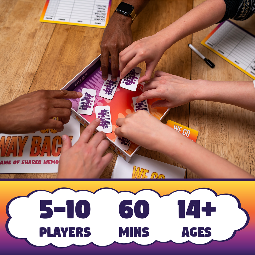 People playing a board game with game pieces on a wooden floor, showing player count, duration, and age recommendation. party game for friends and family