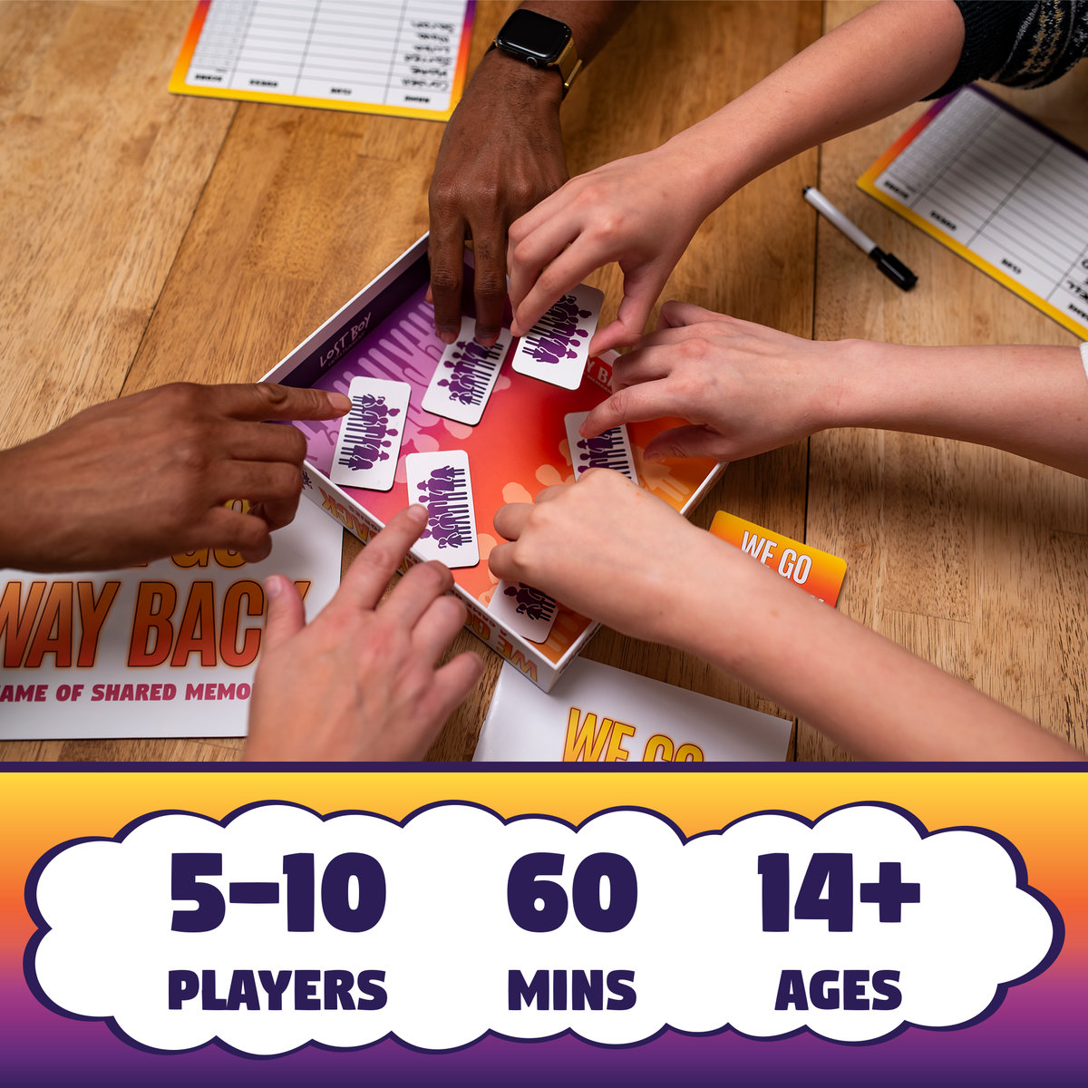 People playing a board game with game pieces on a wooden floor, showing player count, duration, and age recommendation. party game for friends and family