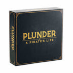 A boxed board game titled 'Plunder: A Pirate's Life' with a dark background and gold accents. Family Game. Game Night.