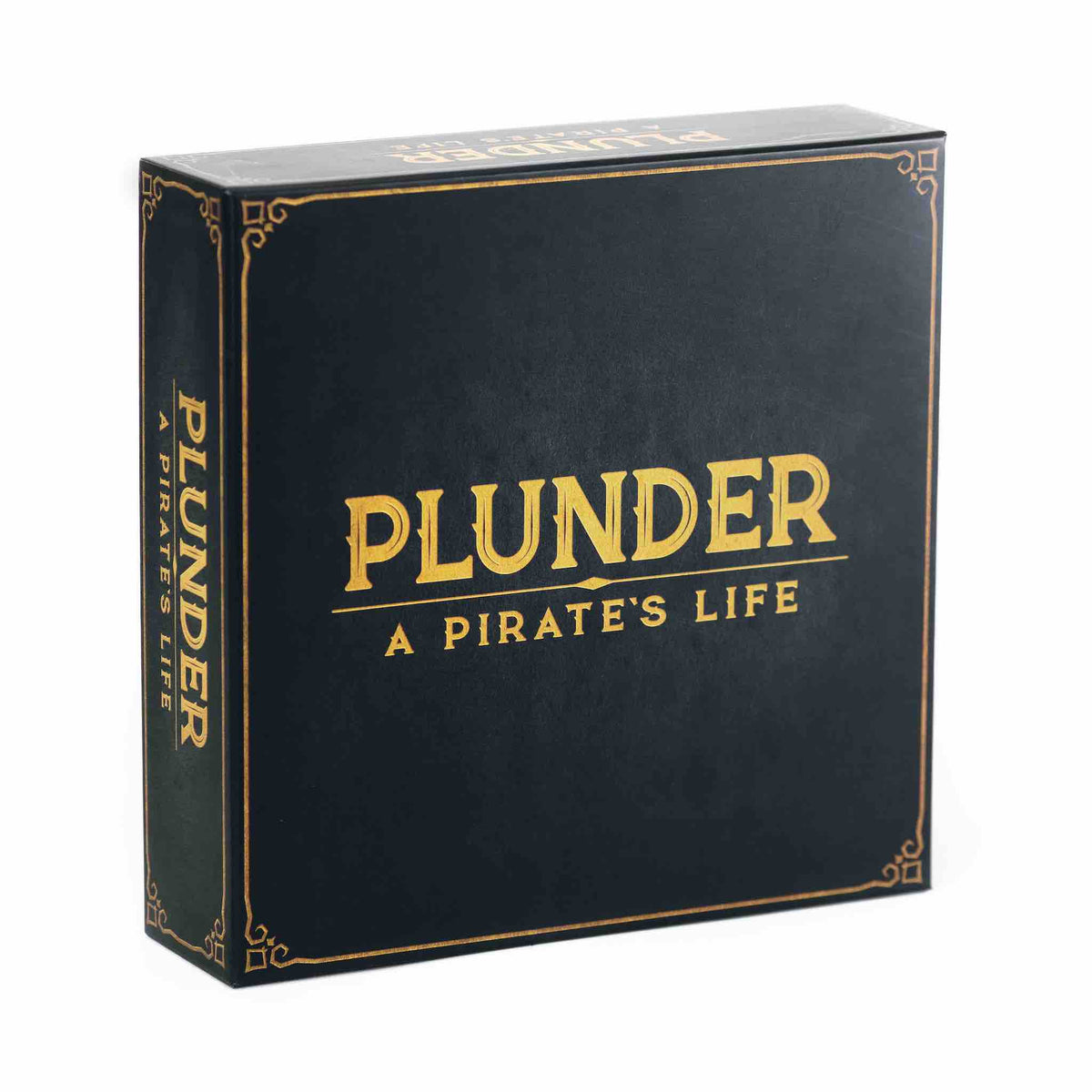 A boxed board game titled 'Plunder: A Pirate's Life' with a dark background and gold accents. Family Game. Game Night.